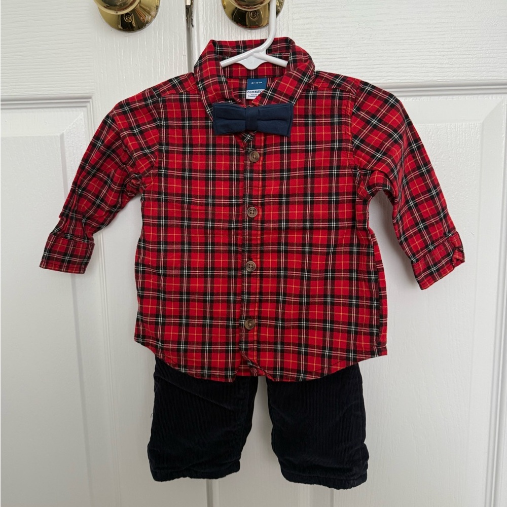Boys red button down shirt with fleece lined pants